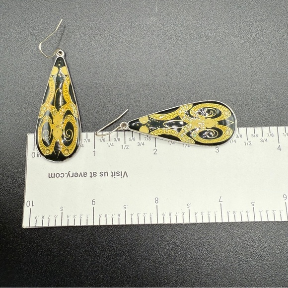 Vintage Gold Cloisonne Floral Art Deco Resin Teardrop Dangle Earrings - Picture 7 of 8